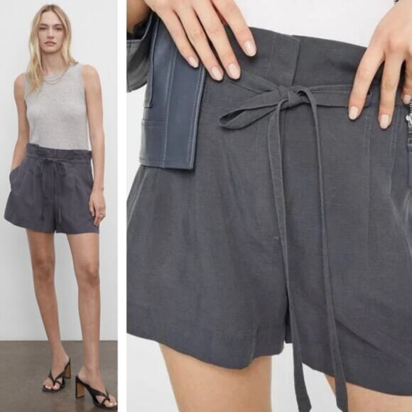 NWT CLUB MONACO Anreannah Paperbag Waist Linen Blend Shorts In Ebony Size 00 - Picture 1 of 8